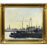 Kuron, Herbert (1888 Breslau - 1951 Berlin)Blick in den Hafen mit Stadtsilhouette am Horizont. Öl/