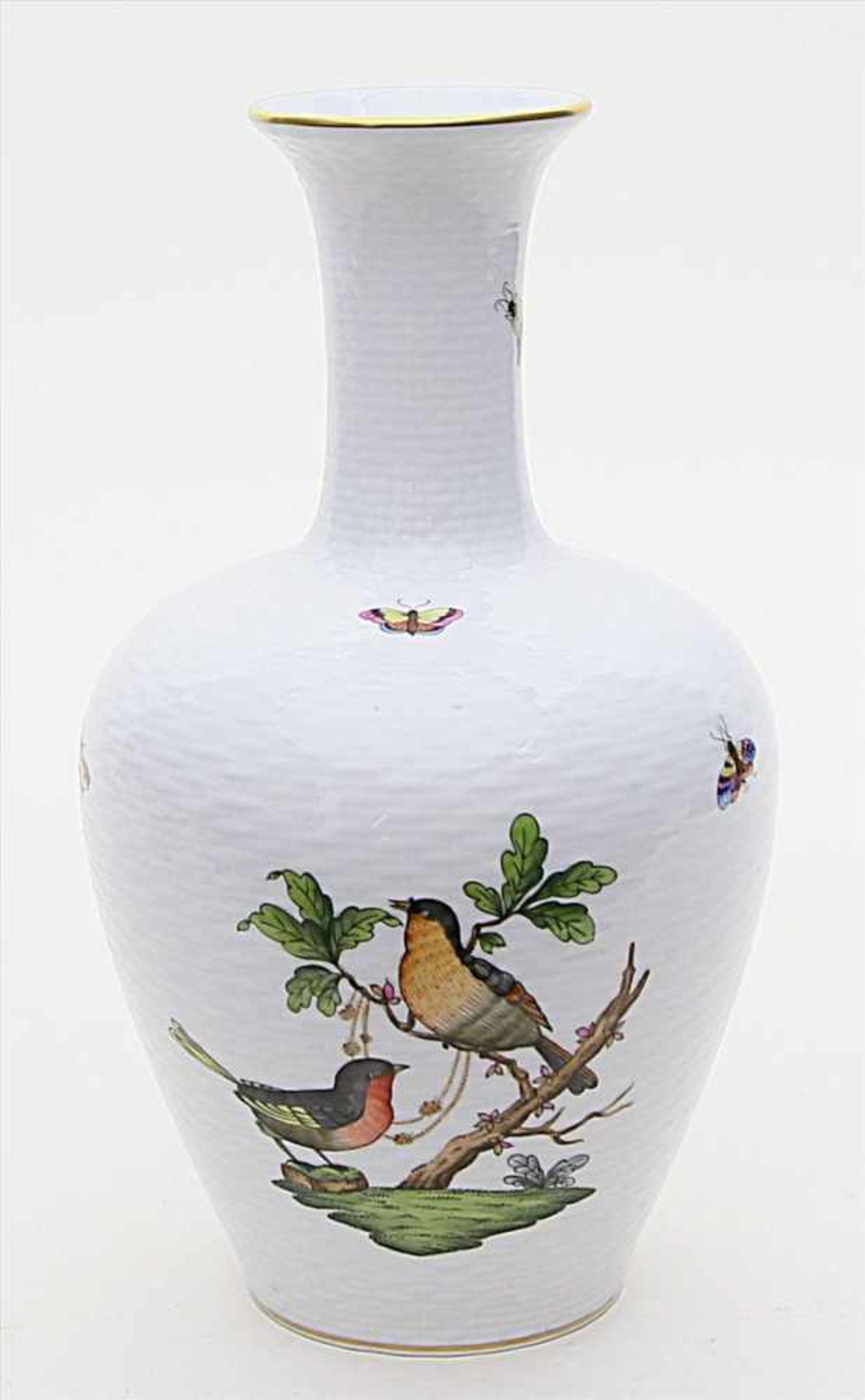 Vase, Herend.Balusterform mir Korbrelief. Bunte Bemalung "Rothschild", Goldränder. Stempelmarke