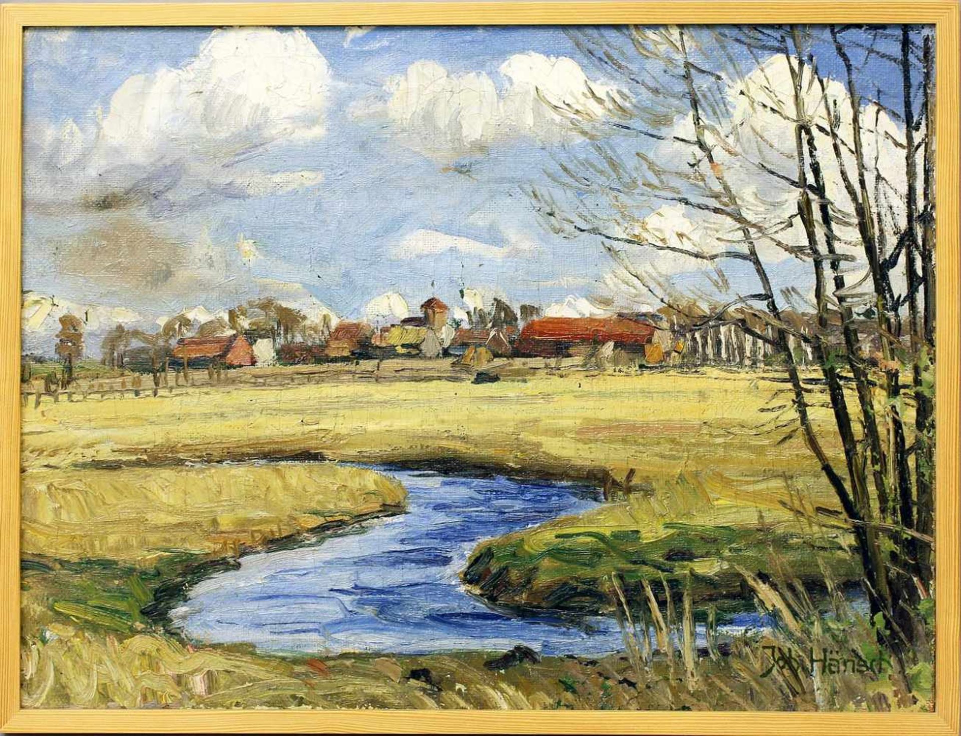 Hänsch, Johannes (1875 Berlin 1945)Landschaft mit Bachlauf und Dorf am Horizont. Öl/Lwd. (l.