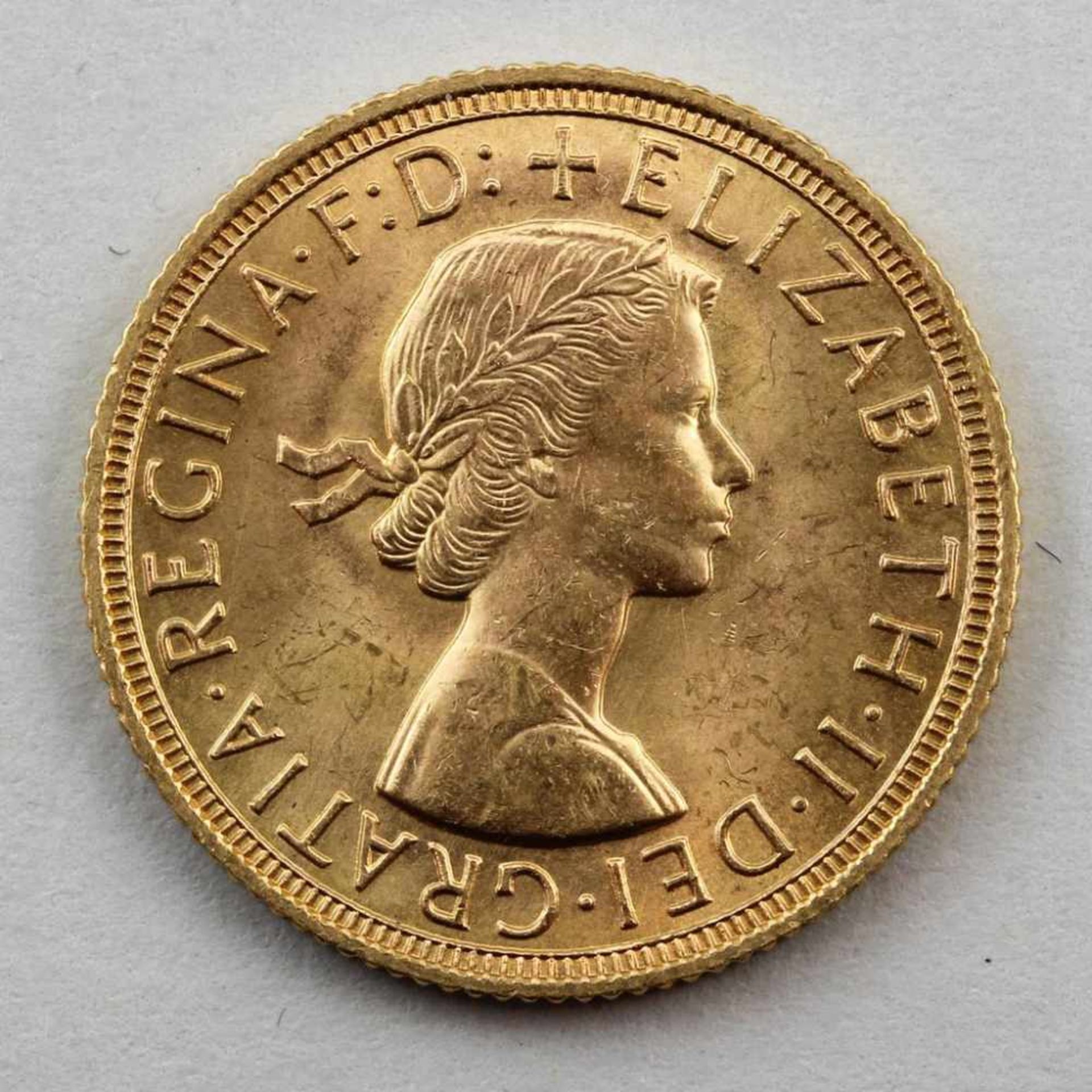 Goldmünze, England, Elisabeth II, 1 Sovereign, 1958.916/000 GG, 7,98 g. ss.- - -19.33 % buyer's