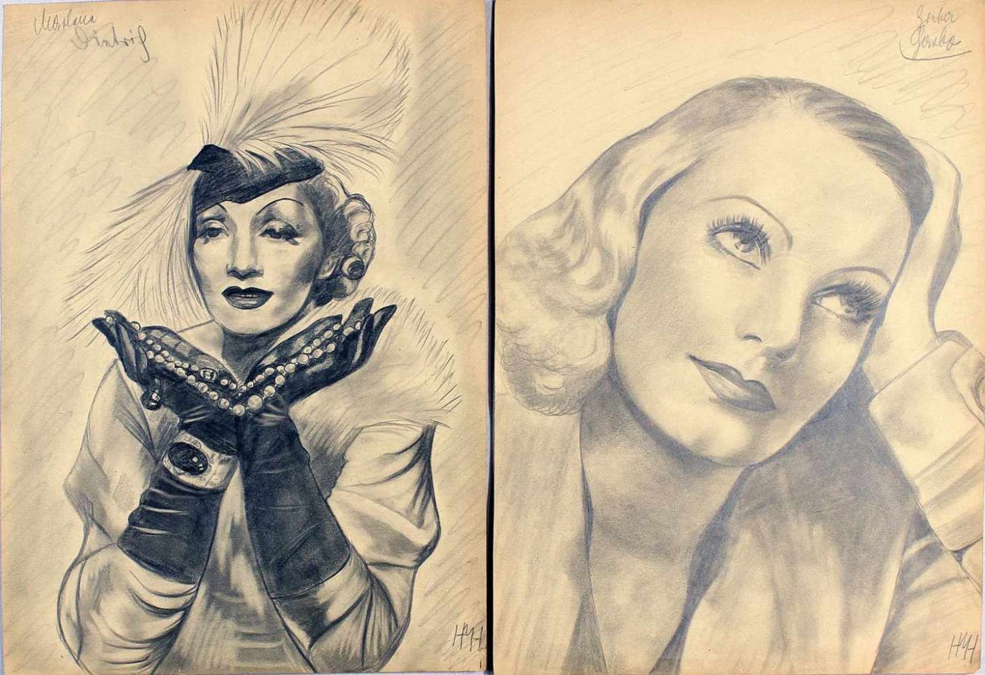 Monogrammist HMH (Mitte 20. Jh.)Sechs Portraits von UFA-Schauspielern, u.a. Marlene Dietrich,