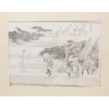 Hokusai, Katsushika (1769-1849)Samurai auf Reisen. Farbholzschnitt, gebräunt und l. besch. 20x 27