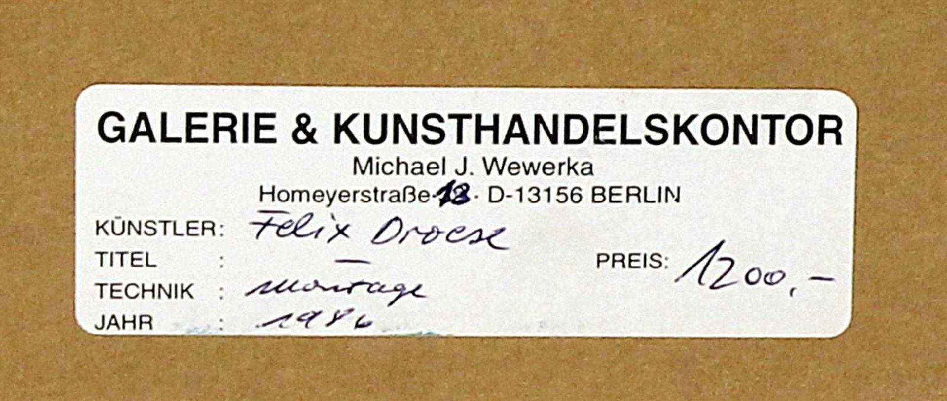 Droese, Felix (geb. 1950 Singen)Ohne Titel. Ausgeschnittene Montage, verso auf Galerie-Etikett - Bild 2 aus 2