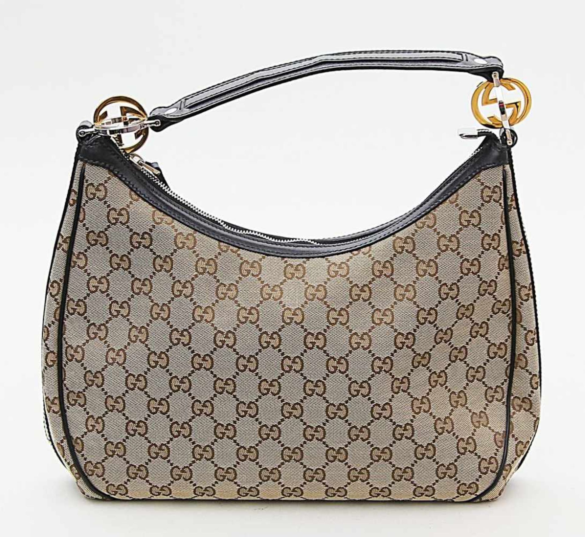 Damenhandtasche, Gucci.Beiger und ebenholzfarbener GG Supreme-Canvas, mit schwarzem Lederbesatz