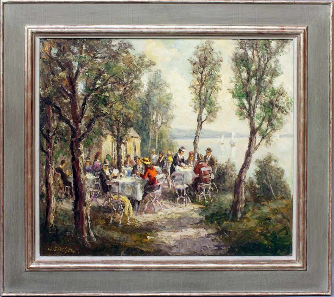 Grechow, Wladimir (geb. 1917)Belebtes Café am See. Öl/Lwd., li. u. sign. Ca. 61x 71 cm.
