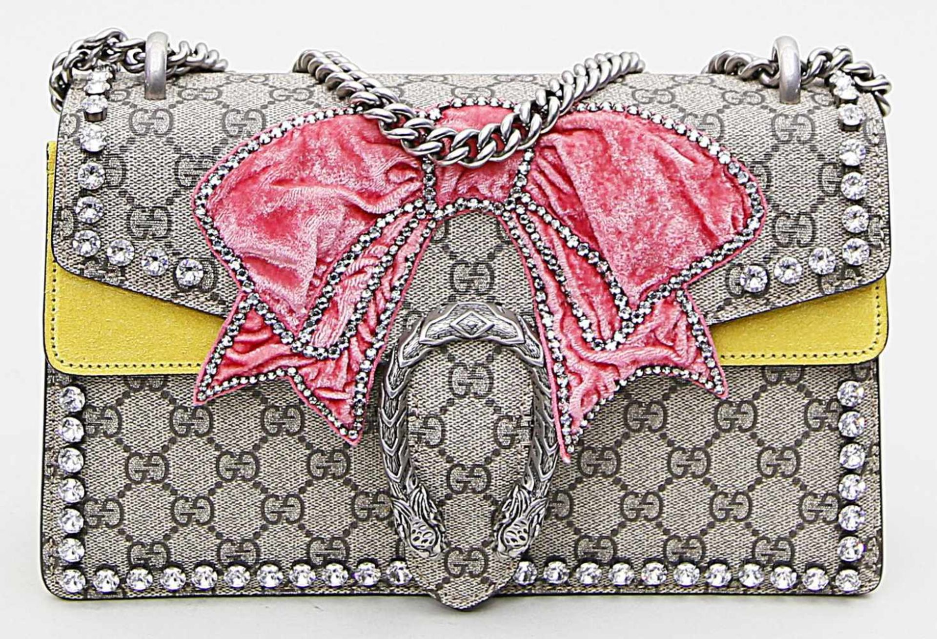 Handtasche, Gucci.Modell Dionysus mit pinker Stoffschleife und Strass-Steinen. GG-Supreme Canvas,