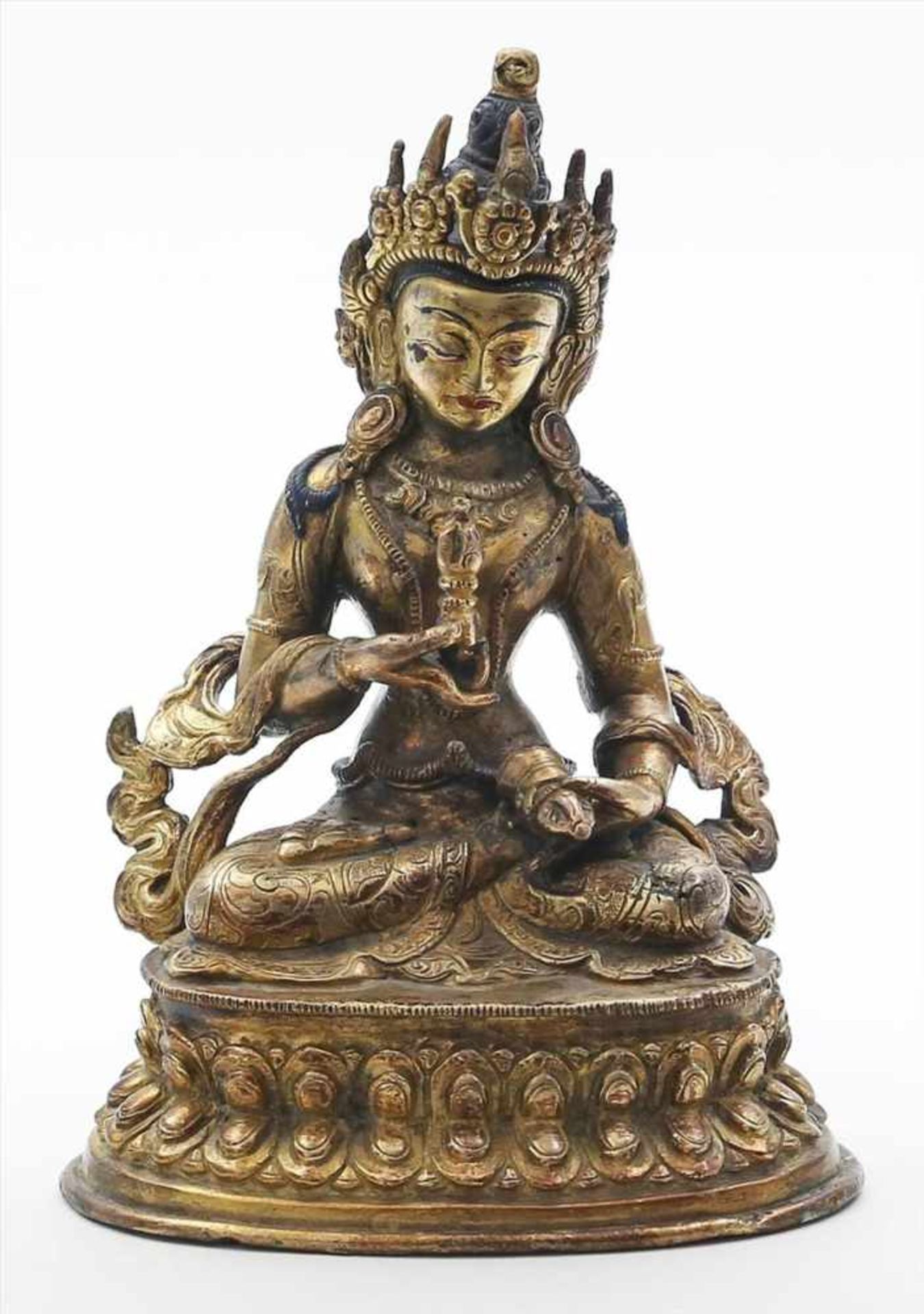 Sitzender Vajrapani.Feuervergoldete Bronze. Auf doppeltem Lotosthron sitzender Bodhisattva, in der