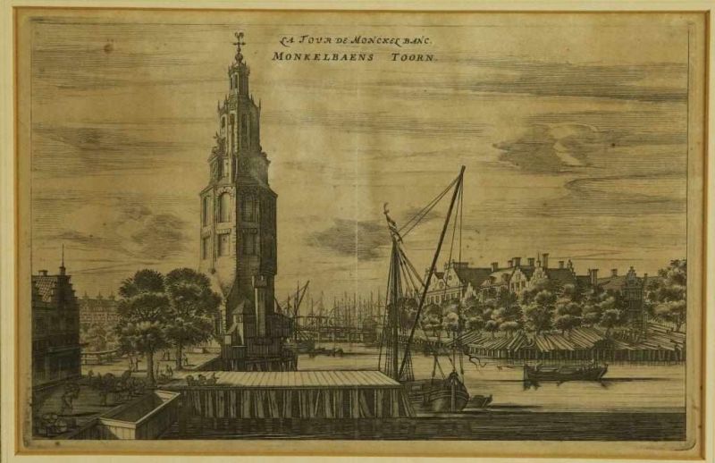 Lot van 4 diverse gravures: de vernieuwde Waag op de Dam, de Schutters-Doelen te Leyden, Rotterdam - Image 4 of 6