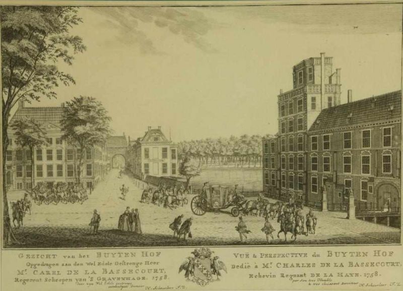 Lot van 4 gravures: 's lands geschuthuis, het Plein, het Binnenhof en het Buitenhof te Den Haag, - Image 6 of 10
