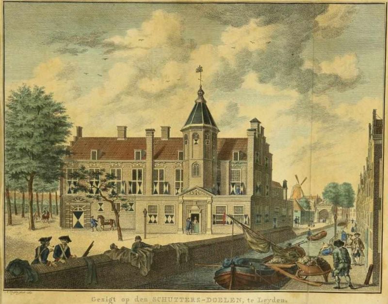 Lot van 4 diverse gravures: de vernieuwde Waag op de Dam, de Schutters-Doelen te Leyden, Rotterdam - Image 5 of 6
