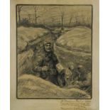 ROGGEN, E., ges. soldaten in loopgraaf, litho 42 x 34 cm.E. Roggen, soldiers in the battlefield,