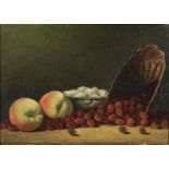 Onbekend, met sign. Claes, stilleven met perziken en aardbeien, paneel 16 x 23 cm.