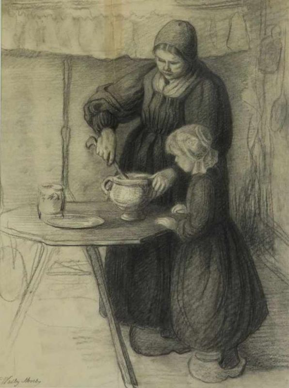 MOES, WALLY (1856-1918), ges. l.o., boerin met dochter maken soep klaar, potloodtekening 34 x 26 cm.