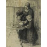 MOES, WALLY (1856-1918), ges. l.o., boerin met dochter maken soep klaar, potloodtekening 34 x 26 cm.