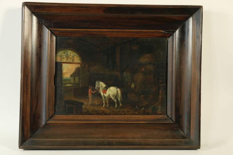 Onbekend, onges. 17e eeuw, staljongen met paard in schuur, paneel 23 x 33 cm.Unknown, unsigned - Image 2 of 3