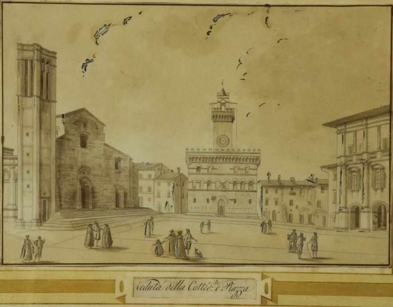 Onbekend, onges. 18e eeuw, 'Veduta della Cattedo de e Piazza', sepia 23 x 35 cm.