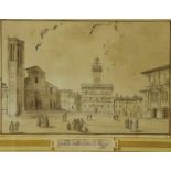 Onbekend, onges. 18e eeuw, 'Veduta della Cattedo de e Piazza', sepia 23 x 35 cm.