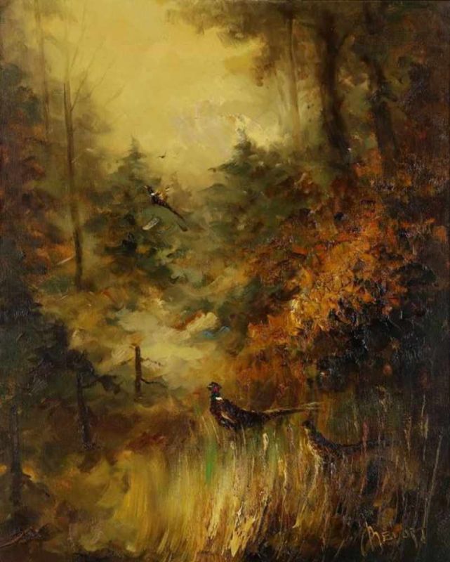 BEVORT, JOHN (1917-1996), ges. r.o., fazanten in bos, doek 81 x 66 cm.BEVORT JOHN (1917-1996),
