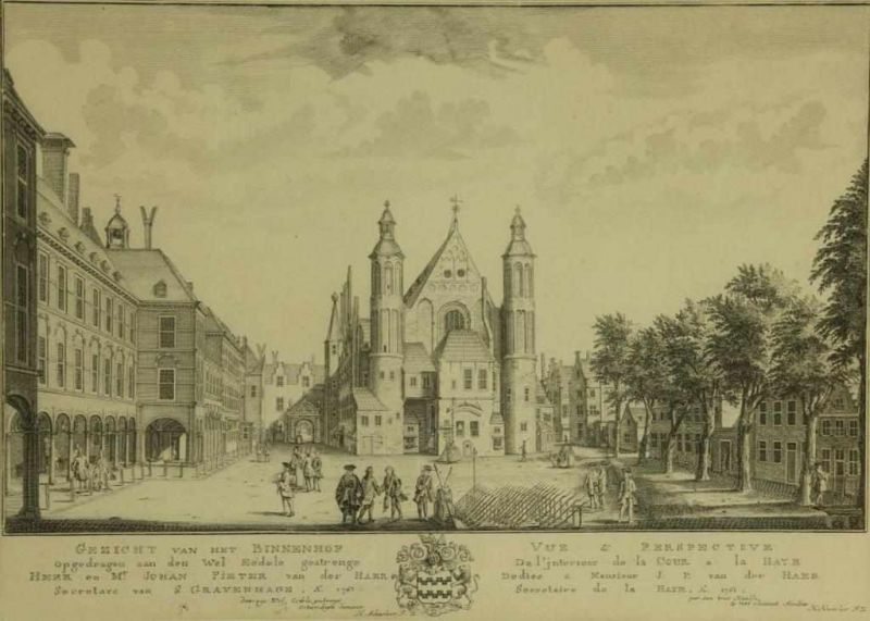 Lot van 4 gravures: 's lands geschuthuis, het Plein, het Binnenhof en het Buitenhof te Den Haag, - Image 7 of 10