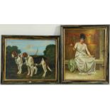 Lot van 2 schilderijen, dame op bank, maroufle 49 x 39 cm. en 2 jachthonden, maroufle 39 x 49 cm.