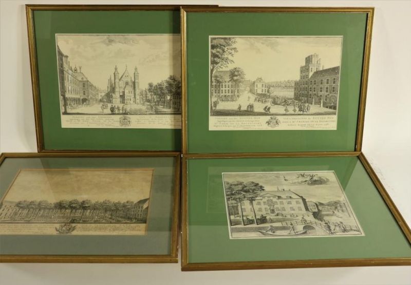 Lot van 4 gravures: 's lands geschuthuis, het Plein, het Binnenhof en het Buitenhof te Den Haag,