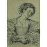 Onbekend, onduid. ges., portret van dame, krijttekening 41 x 29 cm.Unknown, portrait of a lady,