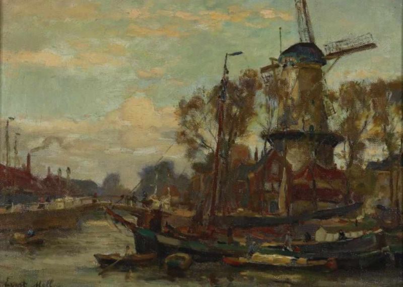 MOLL, EVERT (1878-1955), ges. l.o., aangemeerde boten bij molen, mogelijk Delftshaven, doek 30 x
