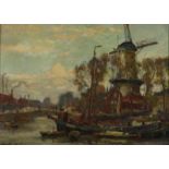 MOLL, EVERT (1878-1955), ges. l.o., aangemeerde boten bij molen, mogelijk Delftshaven, doek 30 x