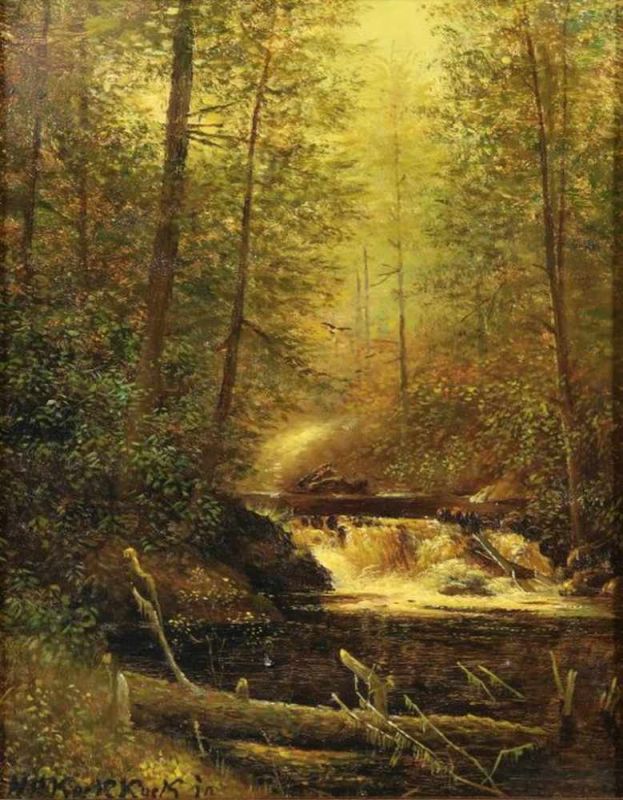 KOEKKOEK JR., H.P., ges. l.o., gezicht op waterval in bos, paneel 25 x 20 cm.