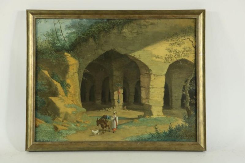 Onbekend, onduid. ges. l.o., gezicht op catacomben in Italiaans landschap, gouache 42 x 55 cm. - Image 2 of 4