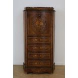 Noten Napoleon III secretaire met marmeren blad waaronder schrijfklep en 4 laden met marqueterie