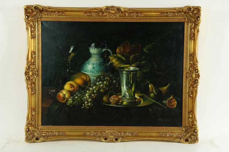PELT, G. VAN, ges. r.o., stilleven met fruit, zilveren beker en klepkan, doek 60 x 80 cm. - Image 2 of 6