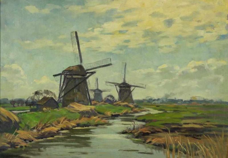 LEURS HENK (1890-1956), ges. r.o., molens in polderlandschap, marouflé 51 x 71 cm.LEURS HENK (1890-