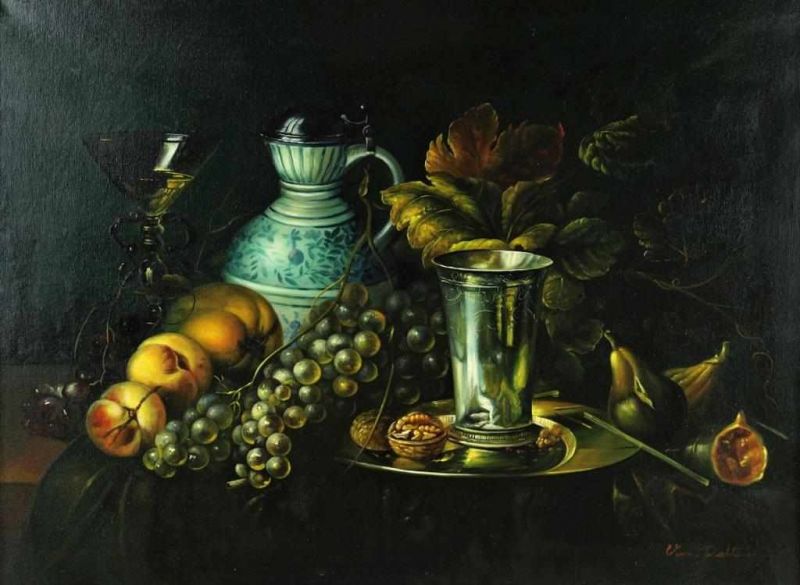 PELT, G. VAN, ges. r.o., stilleven met fruit, zilveren beker en klepkan, doek 60 x 80 cm.