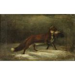 Onbekend, onges. 19e eeuw, vos met eend in zijn bek, doek 20 x 32 cm.