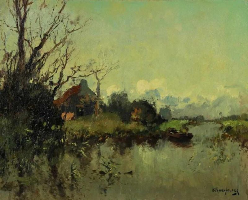 FRAUENFELDER, HENDRIK (1885-1922), ges. r.o., Boederij aan vaart, doek 34 x 41 cm. (gedoubleerd)