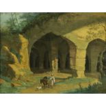 Onbekend, onduid. ges. l.o., gezicht op catacomben in Italiaans landschap, gouache 42 x 55 cm.
