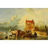 MAAS, L., ges. r.o., vissers met paarden en hond op het ijs, paneel 70 x 90 cm.MAAS, L, signed l.r.,