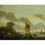 Onbekend, onduid. ges., landschap met schepen en molens, paneel 35 x 47 cm.Unknown, landscape with