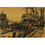BELLAARD, HENK (1896-1975), ges. r.o., schepen in haven, zwartkrijttekening 27 x 39 cm.