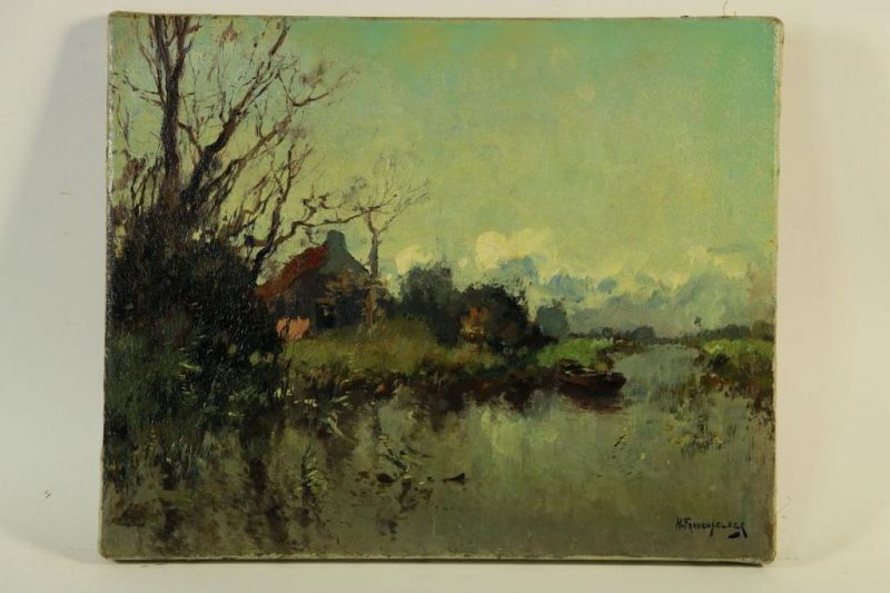 FRAUENFELDER, HENDRIK (1885-1922), ges. r.o., Boederij aan vaart, doek 34 x 41 cm. (gedoubleerd) - Image 2 of 4