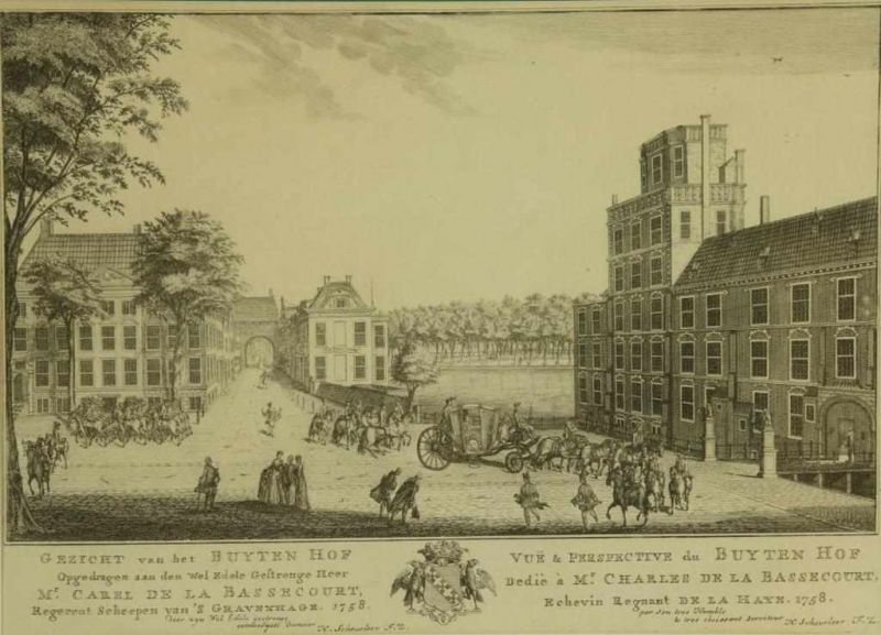 Lot van 4 gravures: 's lands geschuthuis, het Plein, het Binnenhof en het Buitenhof te Den Haag, - Image 5 of 10