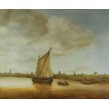 Onbekend, onges. naar Jan van Goyen, zeilboot met figuren in vaart, doek 90 x 110 cm.