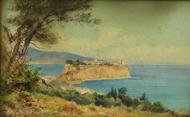 Onbekend, onduid. ges. l.o., dorp op rots aan de Mediterranee, aquarel 17 x 27 cm.