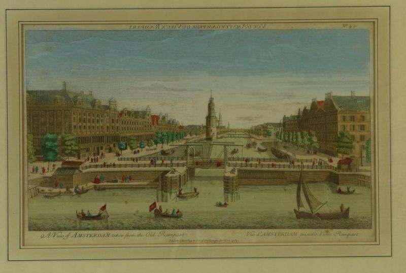 Lot van 2, optica prent: 'A view of Amsterdam take from the Old Rampart' en kopergravure: - Image 2 of 6
