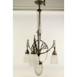 Metalen Art Deco hanglamp met 4 glazen kapjes