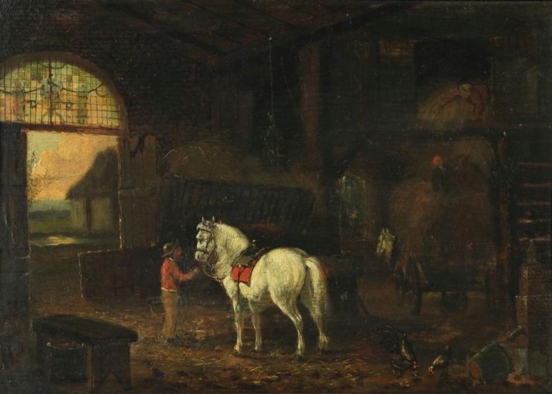 Onbekend, onges. 17e eeuw, staljongen met paard in schuur, paneel 23 x 33 cm.Unknown, unsigned