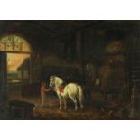 Onbekend, onges. 17e eeuw, staljongen met paard in schuur, paneel 23 x 33 cm.Unknown, unsigned
