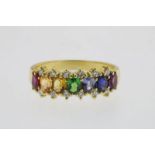 Geelgouden ring bezet met diamant 0.16ct. en rainbow rij stenen, geh. 750/000, ringmaat 17.6 gew.4.