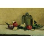 DRIESTEN, AREND JAN VAN (1878-1969), ges. r.o., stilleven met tulpen bij glazen fles, paneel 29 x 46